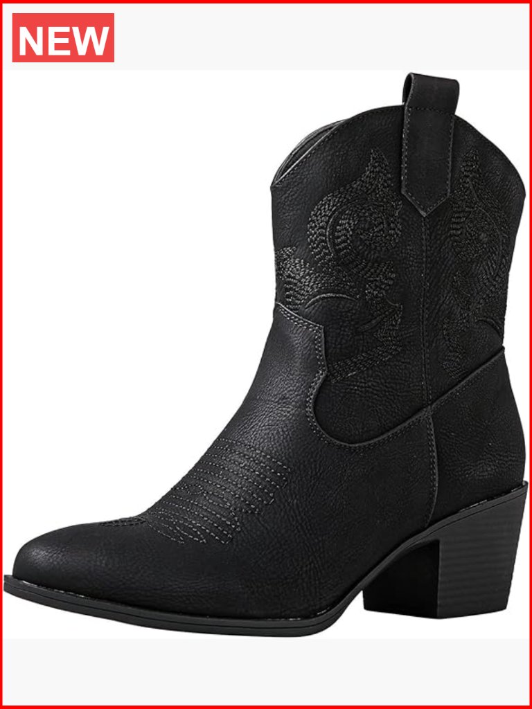 Faux Leather Embroidered Western Cowboy Booties With Block Heel